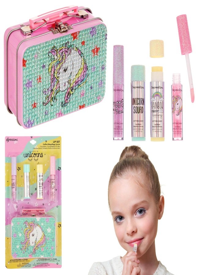 Expressions 5pc Cosmetics Lip Kit For Kids w/Lip Glosses, Lip Balms & Tin Box Storage Case "I Believe in Unicorns" Rhinestone,Washable + Non Toxic - Image 1