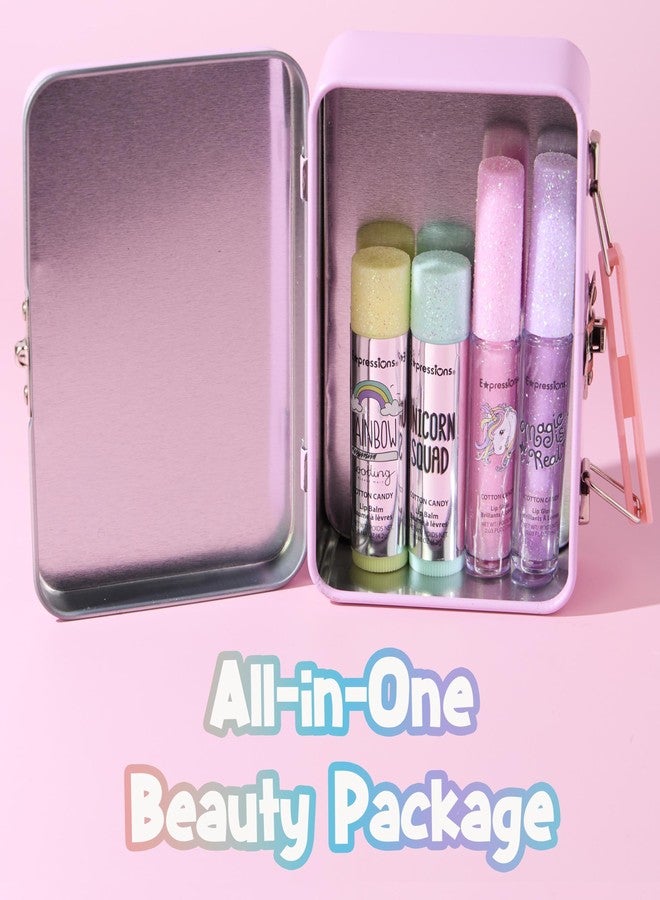 Expressions 5pc Cosmetics Lip Kit For Kids w/Lip Glosses, Lip Balms & Tin Box Storage Case "I Believe in Unicorns" Rhinestone,Washable + Non Toxic - Image 4