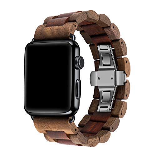 Kinobo Wooden Watch Band Compatible with Apple Watch,Natural Hardwood Watch Strap Thickened Wrist Bracelet for iWatch Series 8,7, 6, 5, 4, 3, 2, 1, Sport, Edition (Walnut + Sandal--42/44/45mm) - Image 1