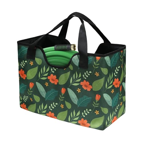 GeerDuo Garden Hose Storage Bag 50100FT Portable Expandable Hose Holder for RV Camping Car Washing Waterproof DoubleLayer Oxford Cloth Hose Bag for Yard Camper Outdoor Use Green Flower - Image 1