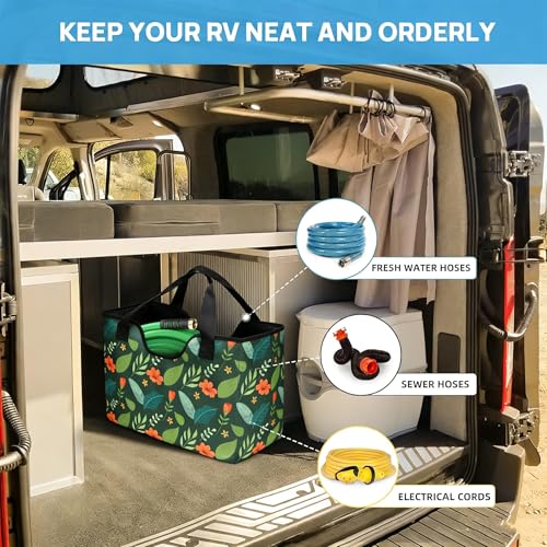 GeerDuo Garden Hose Storage Bag 50100FT Portable Expandable Hose Holder for RV Camping Car Washing Waterproof DoubleLayer Oxford Cloth Hose Bag for Yard Camper Outdoor Use Green Flower - Image 3