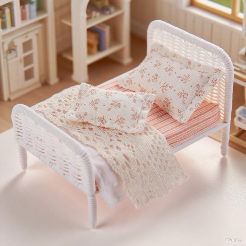 Minamzee 112 Dollhouse Furniture Bed 1 Set Miniature Fairy Pastoral Style White Rattan Bed with Removable Lace Bedding Modemn Bedroom Furniture Accessories Set - Image 3