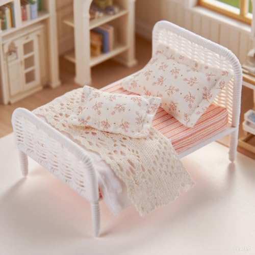 Minamzee 112 Dollhouse Furniture Bed 1 Set Miniature Fairy Pastoral Style White Rattan Bed with Removable Lace Bedding Modemn Bedroom Furniture Accessories Set - Image 1