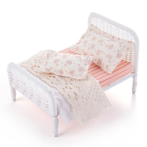 Minamzee 112 Dollhouse Furniture Bed 1 Set Miniature Fairy Pastoral Style White Rattan Bed with Removable Lace Bedding Modemn Bedroom Furniture Accessories Set - Image 5