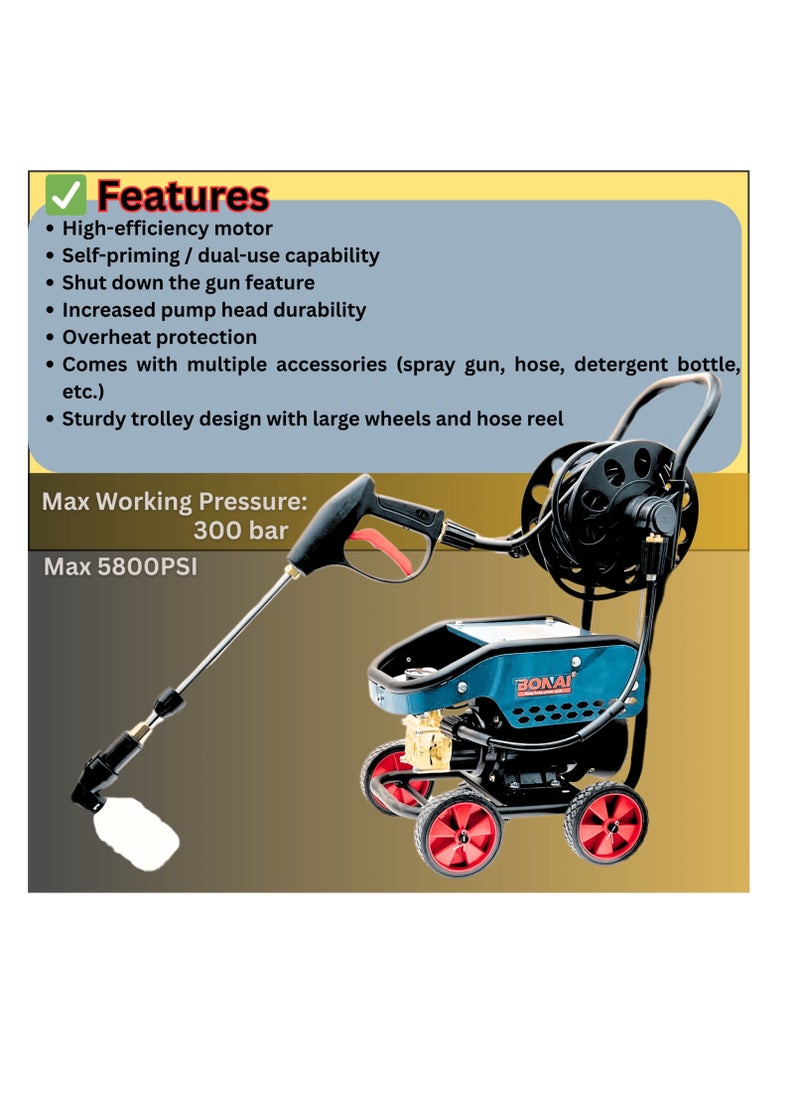 BONAI BONAI Pressure Washer 3000W Electric – 5800 PSI Power Cleaner, 8.5L/Min Flow, Self-Priming, Shut-Off Gun, Foam Spray, Hose Reel – For Car Wash, Driveways, Patio, Garden & Home Use  - Image 2