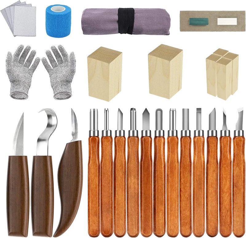 KAQ Wood Carving Tool Set, 34 in 1 Carving Set with 15 x Carving Knives, 8 Pieces Basswood for Carving, Whetstone and Cut-Resistant Gloves, Carving Tool Set for Beginners and Children - Image 1