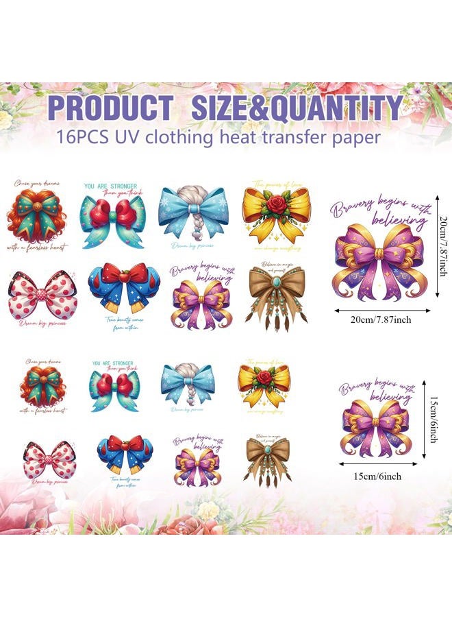 RiVolTa Princess Bow Iron on Transfers - 16 Sheets Colorful DTF Ready to Press Heat Patches Coquetteee Stickers Vinyl Decals Appliques for T Shirts Women Girls Clothing Clothes DIY Craft Decorations - Image 2