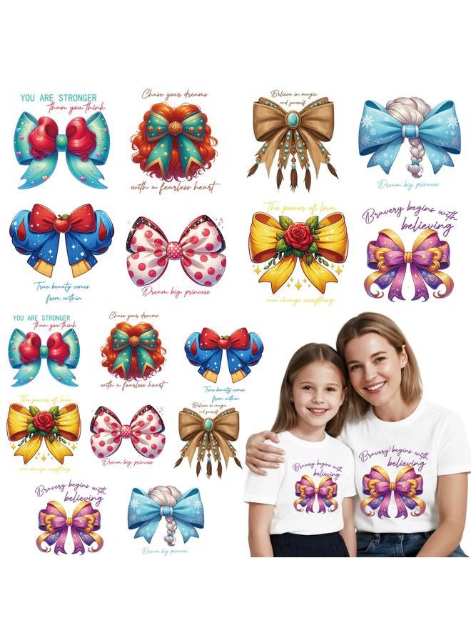 RiVolTa Princess Bow Iron on Transfers - 16 Sheets Colorful DTF Ready to Press Heat Patches Coquetteee Stickers Vinyl Decals Appliques for T Shirts Women Girls Clothing Clothes DIY Craft Decorations - Image 1