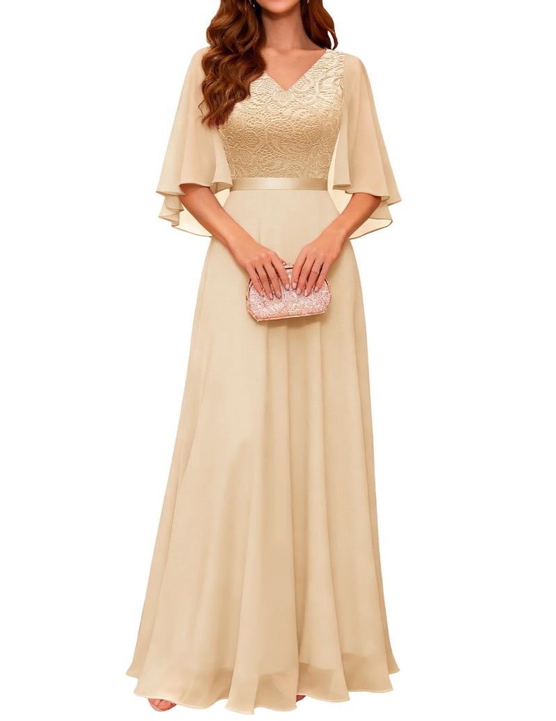 DRESSTELLS Champagne Formal Wedding Guest Dresses, 2026 Spring Mother of Bride Long A-line Bridesmaid Cocktail Party Evening Gala Gowns Maxi Chiffon Gold Dress 2XL - Image 1