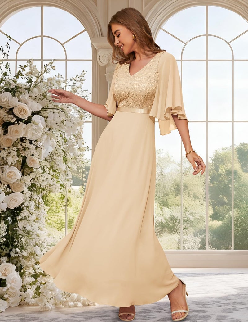 DRESSTELLS Champagne Formal Wedding Guest Dresses, 2026 Spring Mother of Bride Long A-line Bridesmaid Cocktail Party Evening Gala Gowns Maxi Chiffon Gold Dress 2XL - Image 3