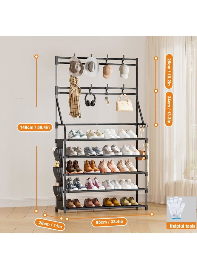 OYREL Shoe Rack 5 Tier Shoe Racks Organizer 20-25 Pairs Shoes Rack for Closet Entrance Shoe Storage Organizer with Hooks and Side Pocket Entryway Shoe Holder Space Saving Free Standing Shoe Racks - Image 3