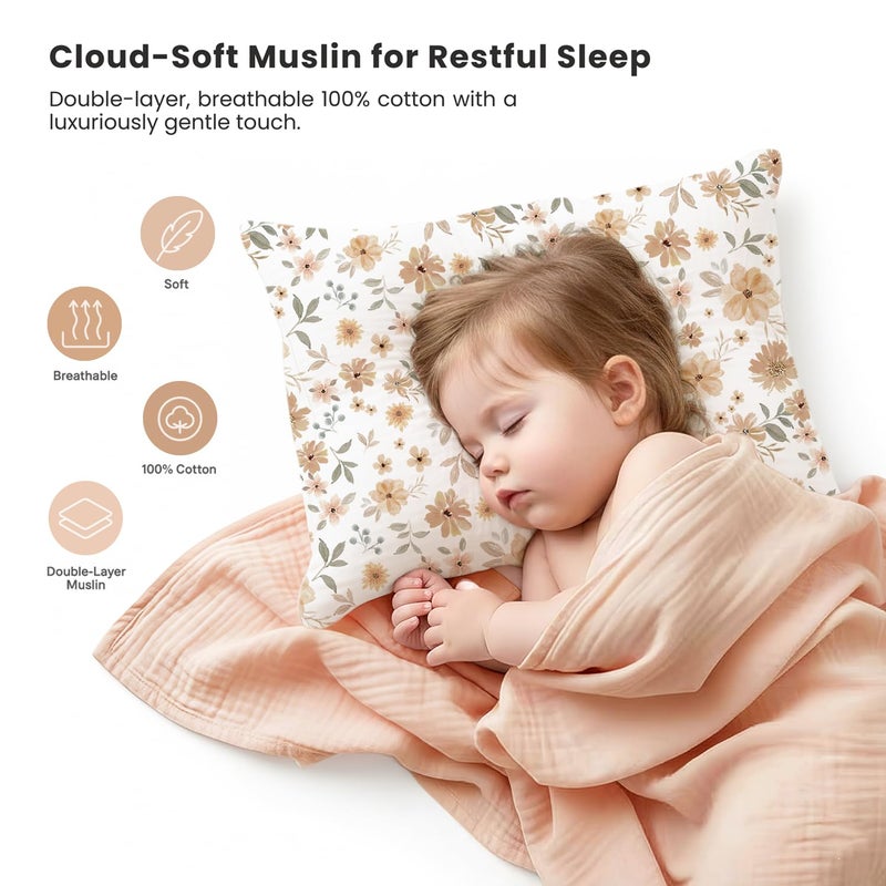 Konssy Muslin Toddler Pillowcase for 13x18 Pillow 2 Pack, 100% Cotton Toddler Pillow Case Cover, Soft & Breathable Travel Babay Kids Pillow Covers with Envelope Closureï¼ˆFlourish, Toffeeï¼‰ - Image 2