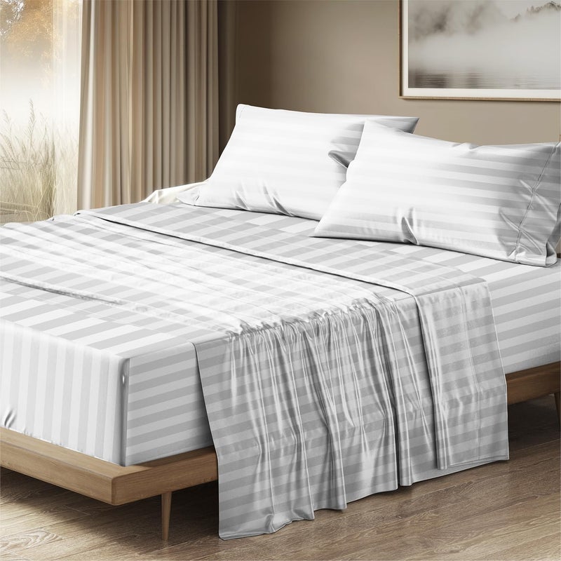 THREAD SPREAD Egyptian Cotton Sheets King Size - 1500 Thread Count 4 PC Damask Sheet Set Egyptian Cotton, Luxury Sheet King Size, Soft, Cooling Deep Pocket Sheets, Fits Upto 19" - White Stripe - Image 1