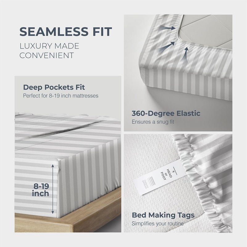 THREAD SPREAD Egyptian Cotton Sheets King Size - 1500 Thread Count 4 PC Damask Sheet Set Egyptian Cotton, Luxury Sheet King Size, Soft, Cooling Deep Pocket Sheets, Fits Upto 19" - White Stripe - Image 5