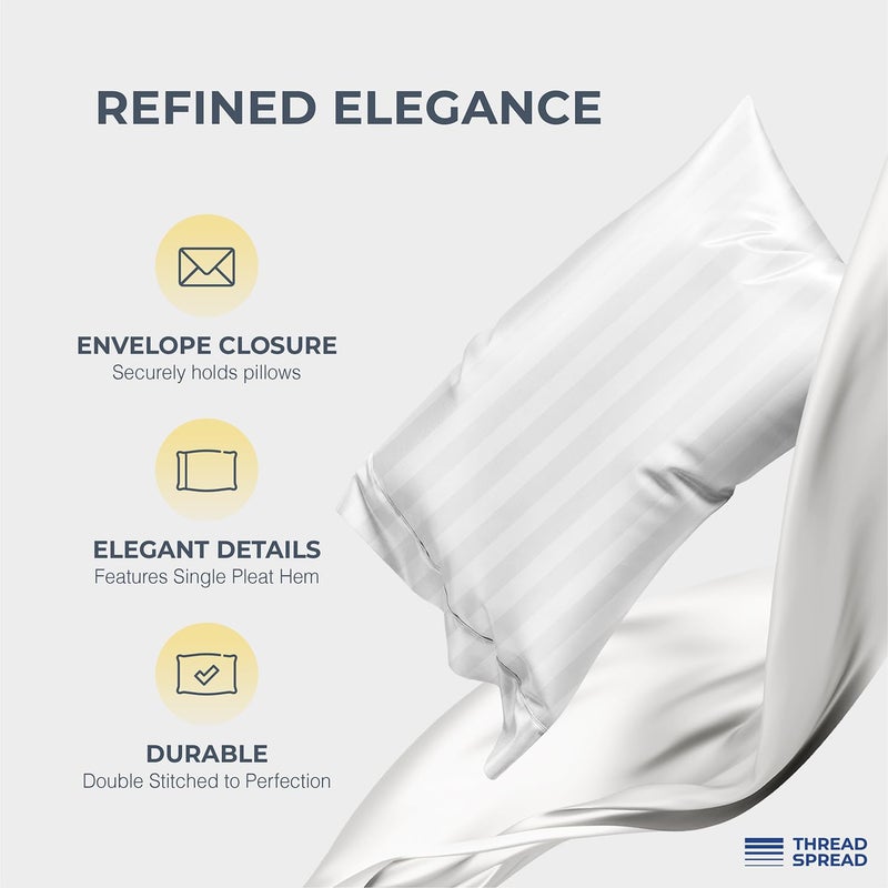 THREAD SPREAD Egyptian Cotton Sheets King Size - 1500 Thread Count 4 PC Damask Sheet Set Egyptian Cotton, Luxury Sheet King Size, Soft, Cooling Deep Pocket Sheets, Fits Upto 19" - White Stripe - Image 4
