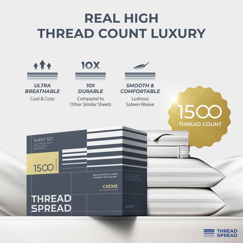 THREAD SPREAD Egyptian Cotton Sheets King Size - 1500 Thread Count 4 PC Damask Sheet Set Egyptian Cotton, Luxury Sheet King Size, Soft, Cooling Deep Pocket Sheets, Fits Upto 19" - White Stripe - Image 2