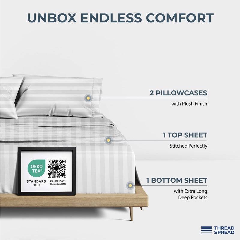 THREAD SPREAD Egyptian Cotton Sheets King Size - 1500 Thread Count 4 PC Damask Sheet Set Egyptian Cotton, Luxury Sheet King Size, Soft, Cooling Deep Pocket Sheets, Fits Upto 19" - White Stripe - Image 3