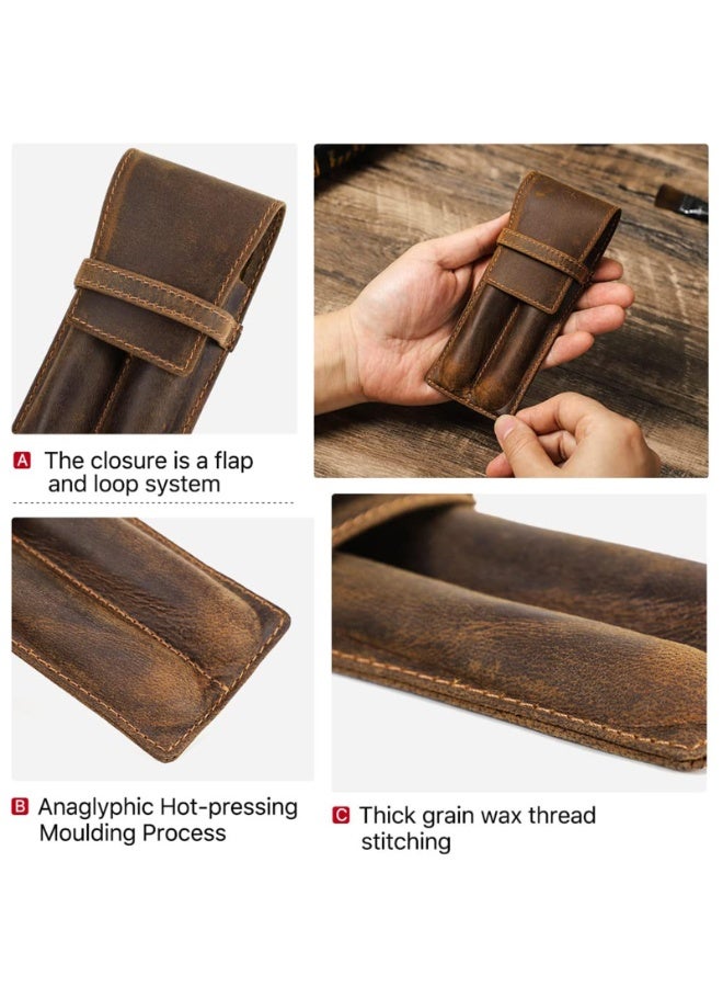 Vintage Leather Pen Case, 2-Slot Handmade Pouch, Brown, 155mm x 63mm - Image 4