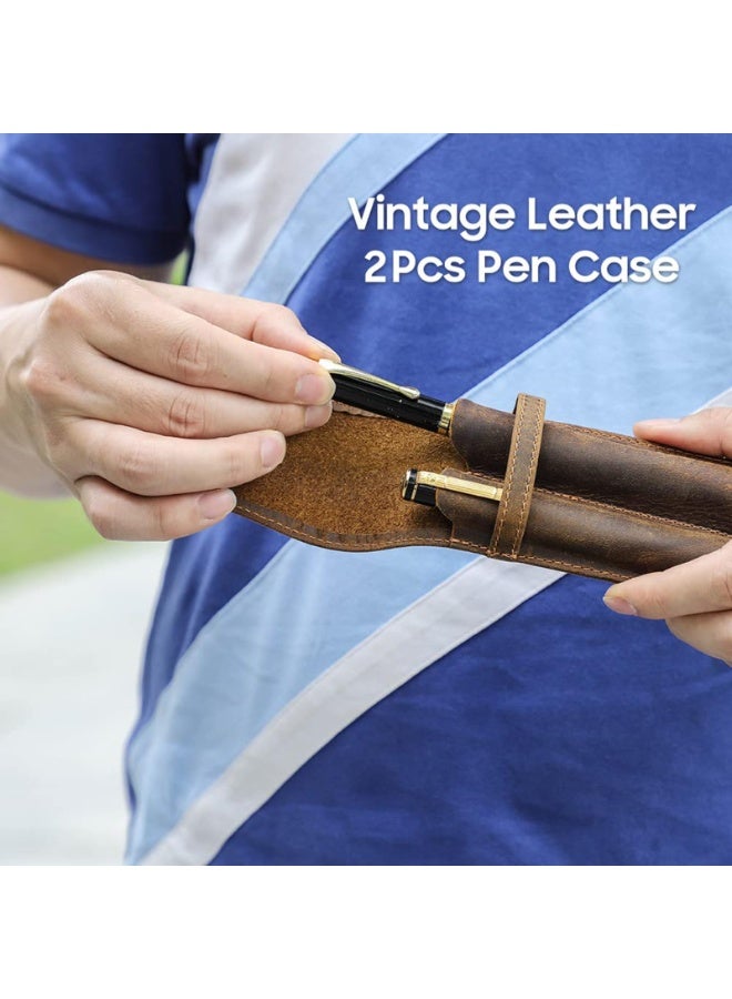 Vintage Leather Pen Case, 2-Slot Handmade Pouch, Brown, 155mm x 63mm - Image 5