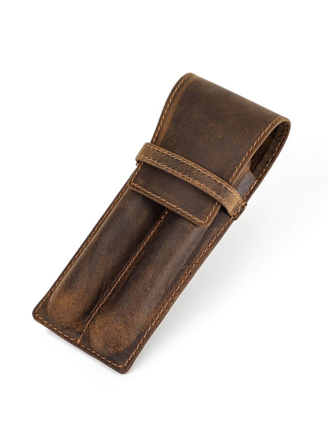 Vintage Leather Pen Case, 2-Slot Handmade Pouch, Brown, 155mm x 63mm - Image 1