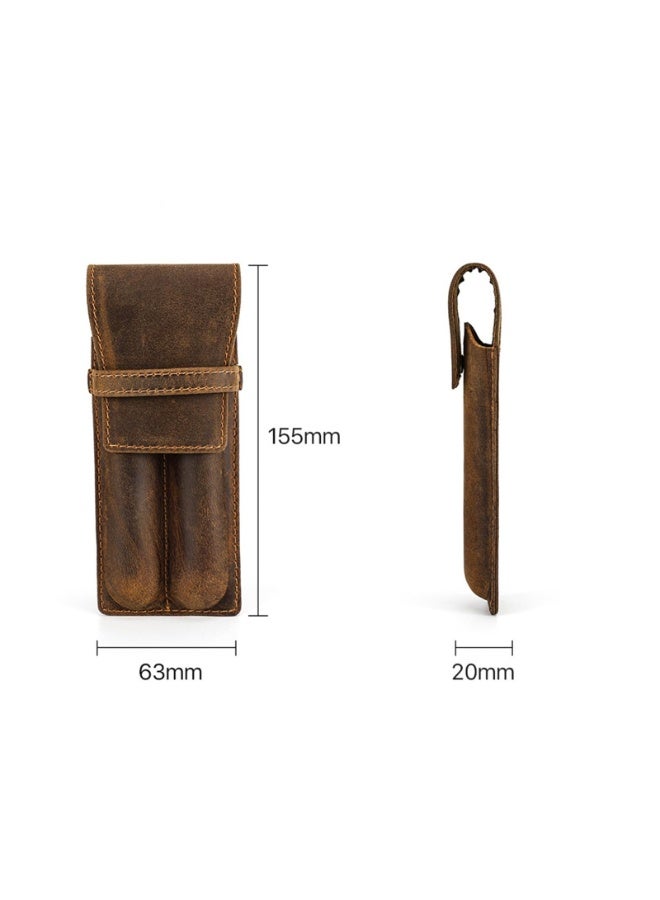Vintage Leather Pen Case, 2-Slot Handmade Pouch, Brown, 155mm x 63mm - Image 2