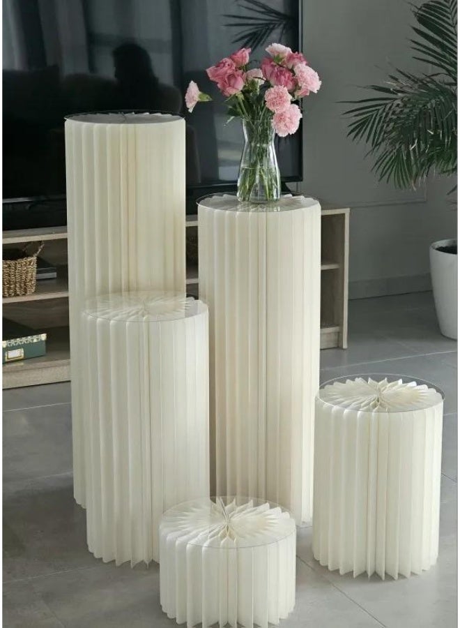 3-5Pack Cylinder Stands for Party, Round Cake Pedestal Stands Foldable Buffet Food Risers White Cardboard Cylinder Stands with Acrylic Plates Centerpiece Cake Pedestal Stand for Birthday Wedding Table - Image 1