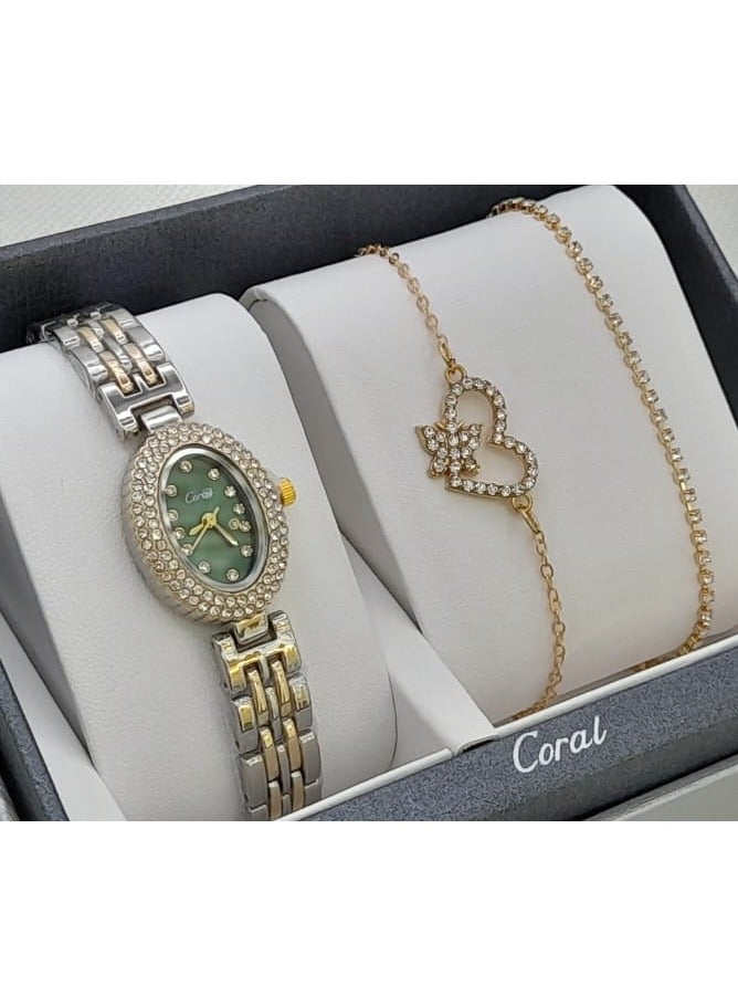 كورال طقم ساعة نسائي ماركة كورال بتصميم انيق مكون من -ساعة - -مع مجموعة اساور
