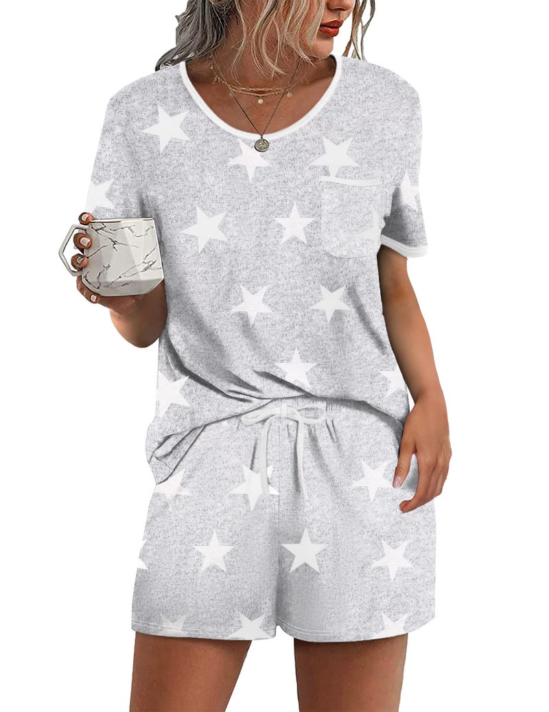 Ekouaer Pajama Set for Women 2 Piece Lounge Set Short Sleeve Tops and Shorts Soft Sleepwear, Chest Pocket - Image 1