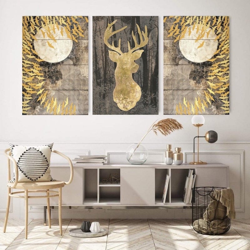 ماركتنا ثلاث لوحات قماشية مودرن برسمة غزال مع برواز مجوف مقاس (90×40) ثلاث قطع - Image 1