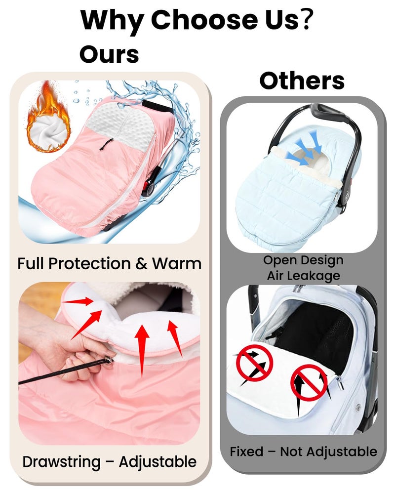 TinyPalsa Winter Baby Carseat Cover, Warm Cozy Infant Car Seat Covers with Plush Lining for Cold Weather, Waterproof Carseat Canopy with Adjustable Collar, Universal Fit for Boys & Girls (Pink) - Image 4