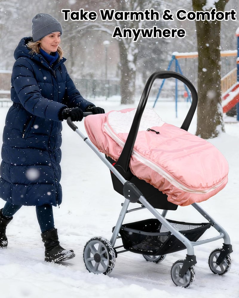 TinyPalsa Winter Baby Carseat Cover, Warm Cozy Infant Car Seat Covers with Plush Lining for Cold Weather, Waterproof Carseat Canopy with Adjustable Collar, Universal Fit for Boys & Girls (Pink) - Image 2
