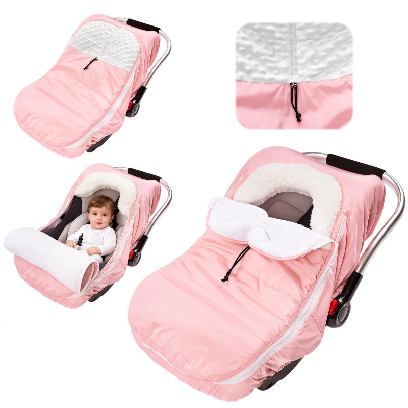 TinyPalsa Winter Baby Carseat Cover, Warm Cozy Infant Car Seat Covers with Plush Lining for Cold Weather, Waterproof Carseat Canopy with Adjustable Collar, Universal Fit for Boys & Girls (Pink) - Image 1