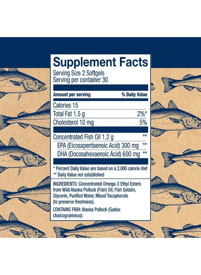 وايليز فاينست زيت السمك البري الألاسكي من Wiley's Finest Prenatal DHA - 720mg EPA وDHA Omega-3s للنساء الحوامل والأمهات المرضعات - 60 كبسولة هلامية (30 جرعة فيتامين ما قبل الولادة)  - Image 2