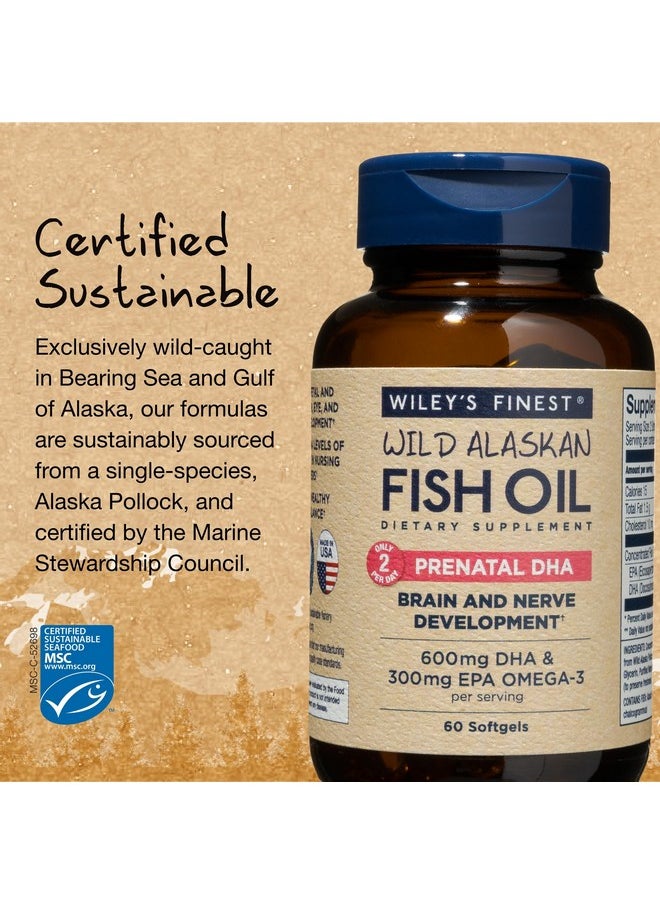وايليز فاينست زيت السمك البري الألاسكي من Wiley's Finest Prenatal DHA - 720mg EPA وDHA Omega-3s للنساء الحوامل والأمهات المرضعات - 60 كبسولة هلامية (30 جرعة فيتامين ما قبل الولادة)  - Image 4