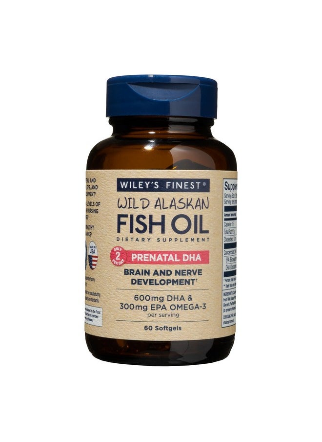 وايليز فاينست زيت السمك البري الألاسكي من Wiley's Finest Prenatal DHA - 720mg EPA وDHA Omega-3s للنساء الحوامل والأمهات المرضعات - 60 كبسولة هلامية (30 جرعة فيتامين ما قبل الولادة)  - Image 1