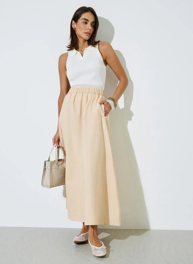 Styli Beige Beige Cotton A-Line Maxi Skirt with Elastic Waist for Women | Best Price UAE