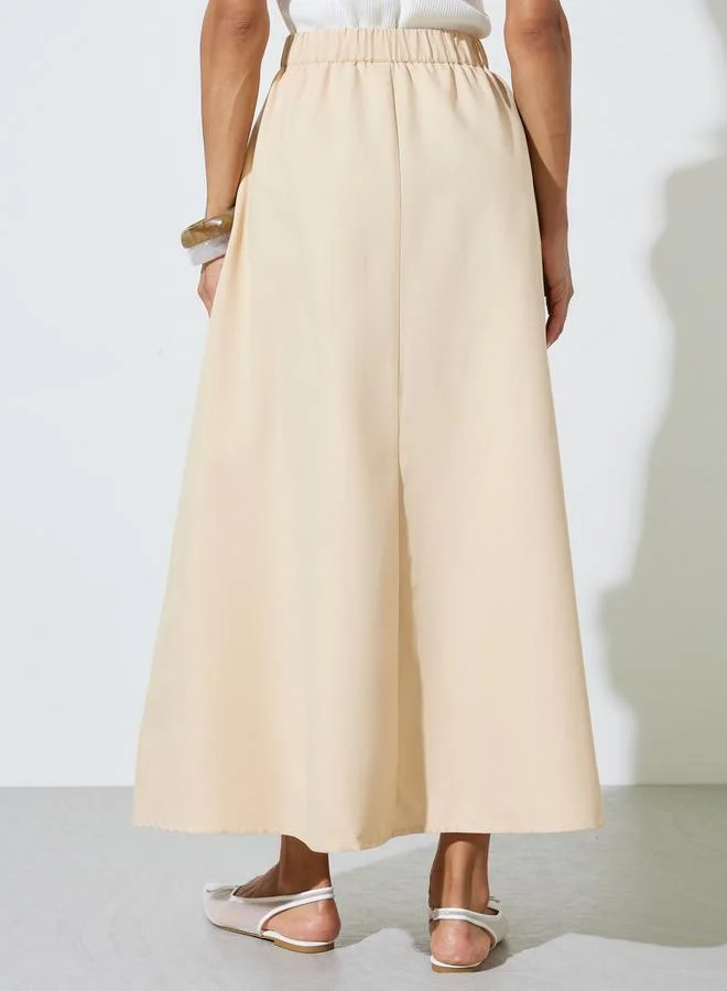 Styli Beige Beige Cotton A-Line Maxi Skirt with Elastic Waist for Women | Best Price UAE
