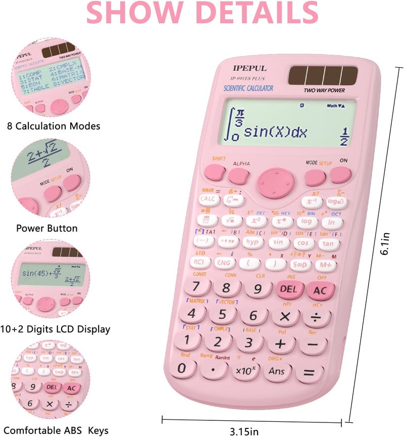 iPepul Scientific Calculators, Pink Math Calculator with 417 Function, Solar Battery Power and 4-Line Display, School Supplies for Middle High College Students Teachers (Pink 991ES Plus) - Image 2