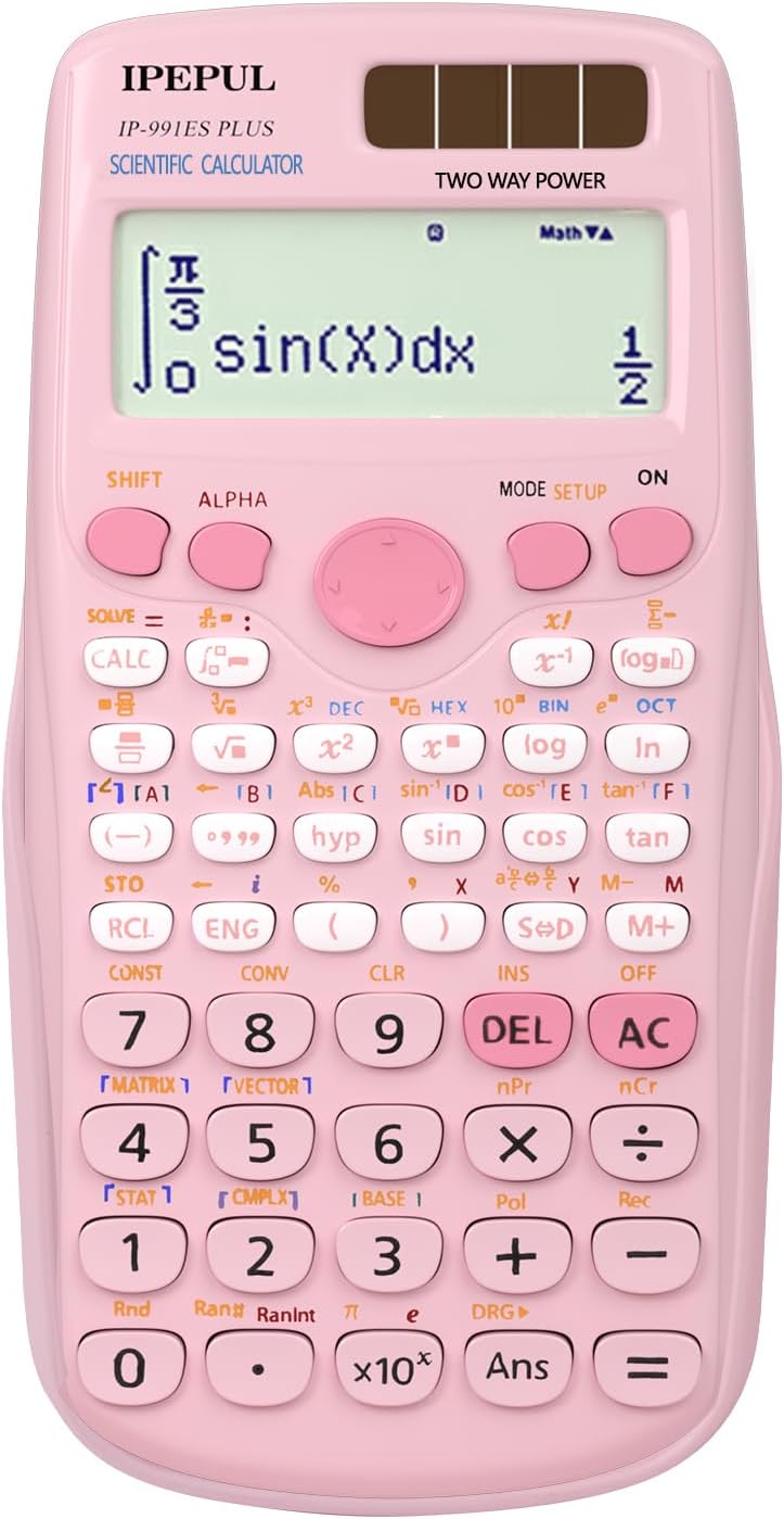 iPepul Scientific Calculators, Pink Math Calculator with 417 Function, Solar Battery Power and 4-Line Display, School Supplies for Middle High College Students Teachers (Pink 991ES Plus) - Image 1