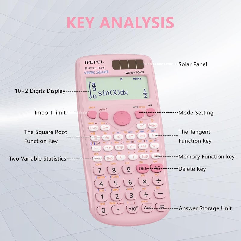 iPepul Scientific Calculators, Pink Math Calculator with 417 Function, Solar Battery Power and 4-Line Display, School Supplies for Middle High College Students Teachers (Pink 991ES Plus) - Image 4