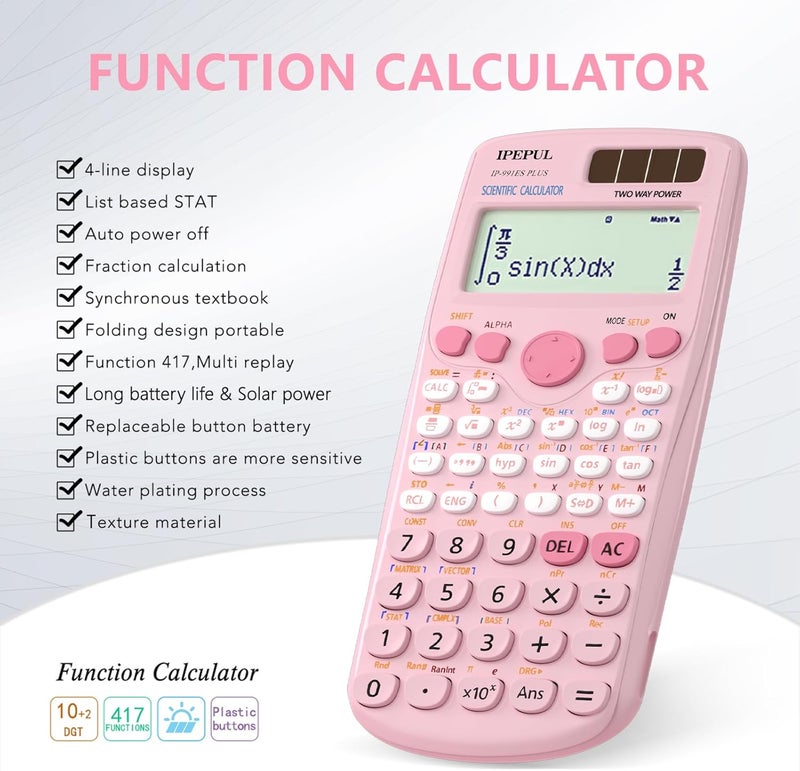 iPepul Scientific Calculators, Pink Math Calculator with 417 Function, Solar Battery Power and 4-Line Display, School Supplies for Middle High College Students Teachers (Pink 991ES Plus) - Image 5