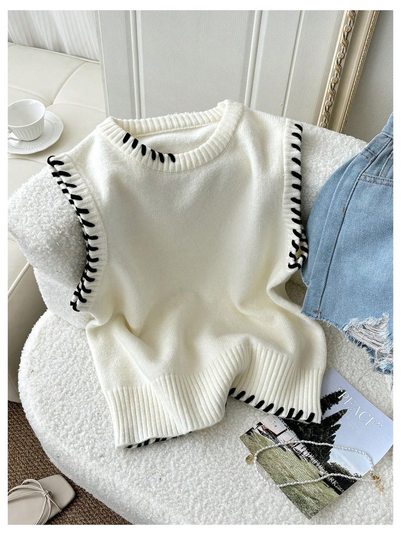 Verdusa Women's Sleeveless Sweater Old Money Ribbed Knit Pullover Binding Casual Tank Top Apricot Small - Image 3