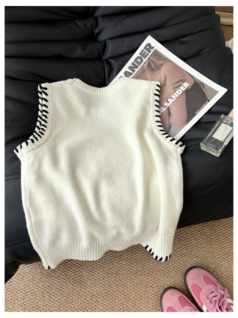 Verdusa Women's Sleeveless Sweater Old Money Ribbed Knit Pullover Binding Casual Tank Top Apricot Small - Image 2