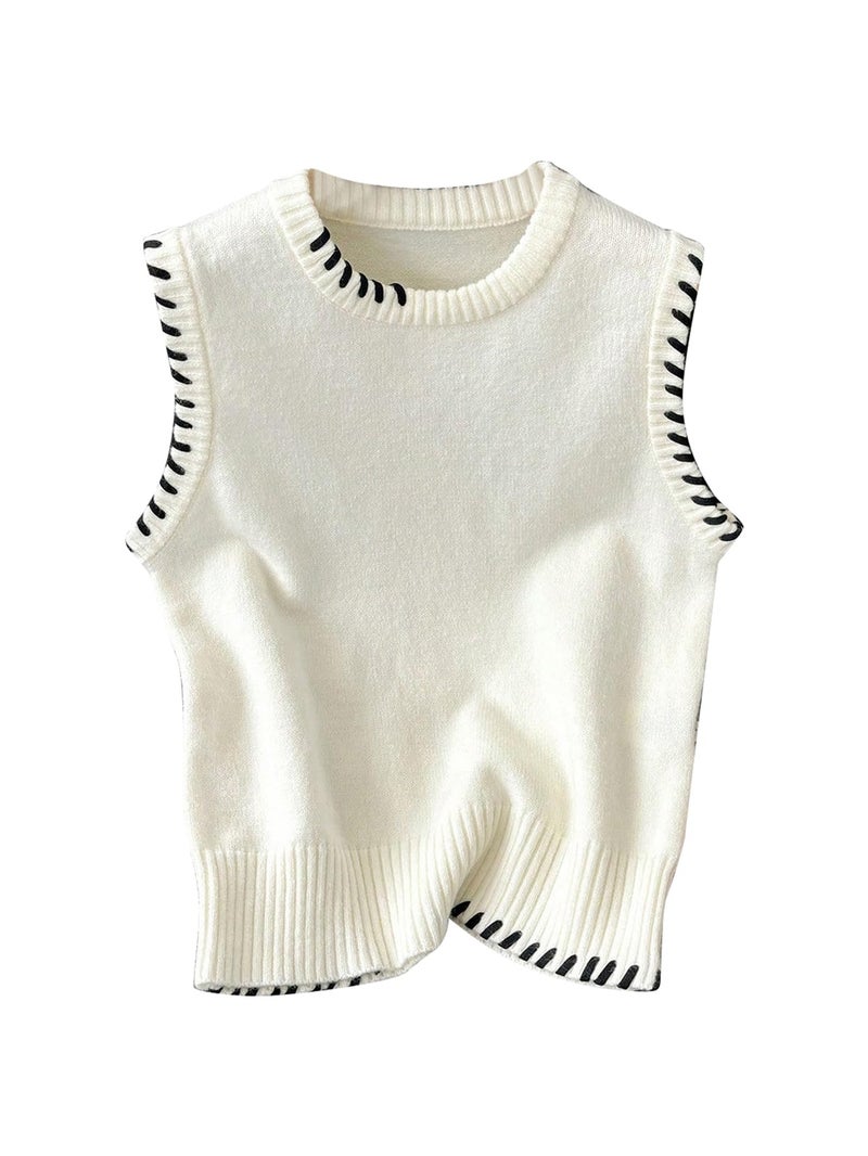 Verdusa Women's Sleeveless Sweater Old Money Ribbed Knit Pullover Binding Casual Tank Top Apricot Small - Image 1