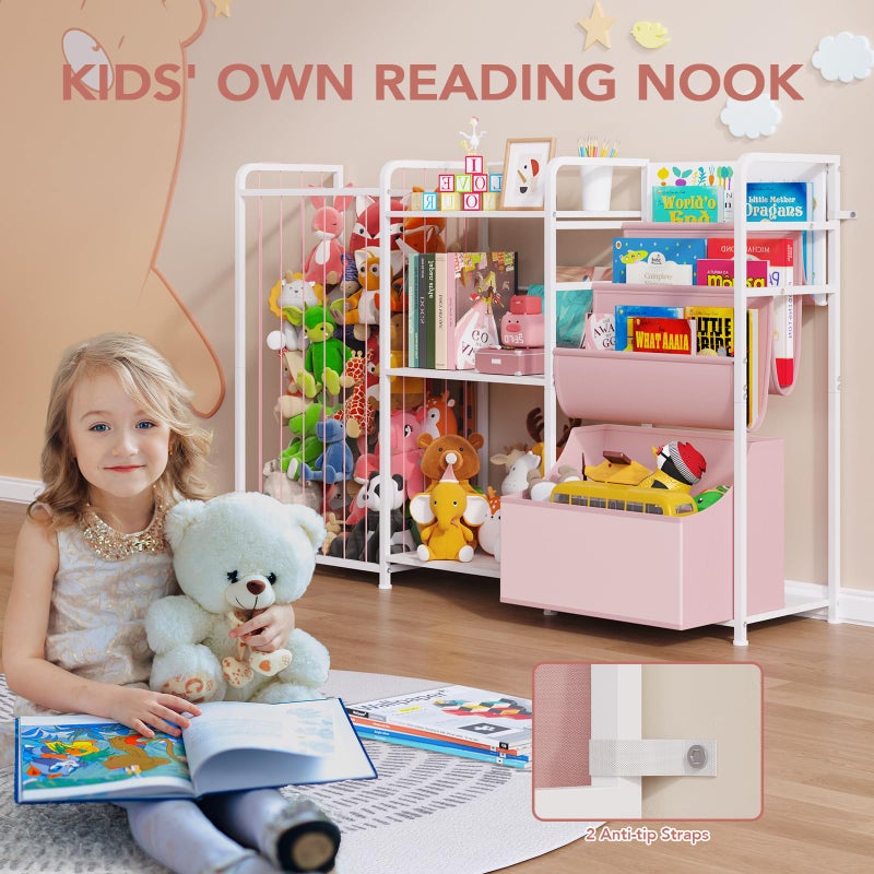BBLIKE 3in1 Stuffed Animal Storage Organizer - Toy Storage with Kids Bookshelf & Large Plushies Holder for Kids Room - Multi-Functional Furniture for Nursery, Bedroom, and Playroom, Pink - Image 3