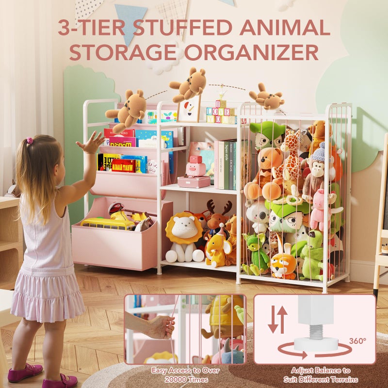 BBLIKE 3in1 Stuffed Animal Storage Organizer - Toy Storage with Kids Bookshelf & Large Plushies Holder for Kids Room - Multi-Functional Furniture for Nursery, Bedroom, and Playroom, Pink - Image 2