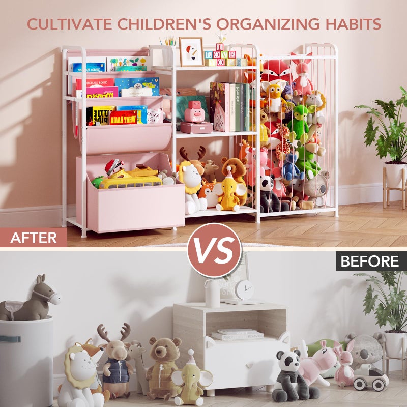 BBLIKE 3in1 Stuffed Animal Storage Organizer - Toy Storage with Kids Bookshelf & Large Plushies Holder for Kids Room - Multi-Functional Furniture for Nursery, Bedroom, and Playroom, Pink - Image 4
