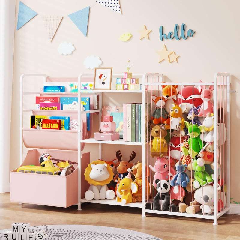 BBLIKE 3in1 Stuffed Animal Storage Organizer - Toy Storage with Kids Bookshelf & Large Plushies Holder for Kids Room - Multi-Functional Furniture for Nursery, Bedroom, and Playroom, Pink - Image 1