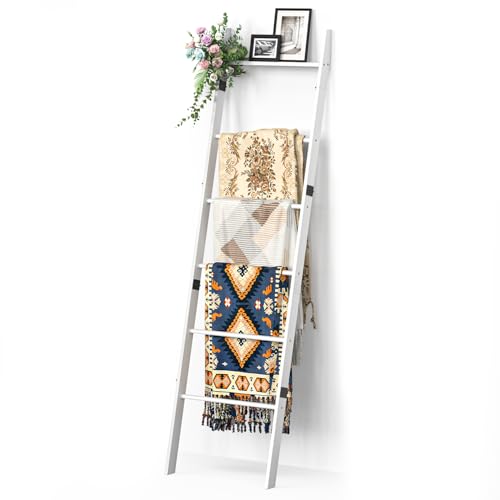 BAMBANG 6-Tier Blanket Ladder for Living Room, Blanket Quilt Ladder Rack Rustic Decorative Towel Holder, Wall Leaning Blanket Ladder Shelf Storage Farmhouse Decor for Bedroom Bathroom, White - Image 1