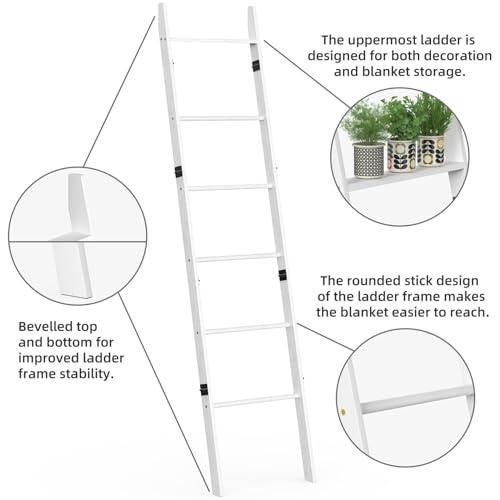 BAMBANG 6-Tier Blanket Ladder for Living Room, Blanket Quilt Ladder Rack Rustic Decorative Towel Holder, Wall Leaning Blanket Ladder Shelf Storage Farmhouse Decor for Bedroom Bathroom, White - Image 2